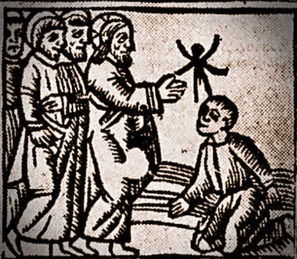 Ιερέας εξάγει το πονηρό πνεύμα από το κεφάλι ασθενούς (Βρετανικό Μουσείο)