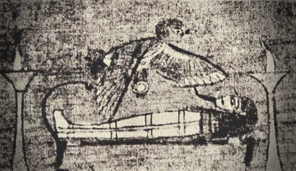 Η ψυχή του νεκρού, λαμβάνοντας μορφή γερακιού, με κεφαλή ανθρώπου, επισκέπτεται τη μούμια του πρώην κατόχου της (Βρετανικό Μουσείο)